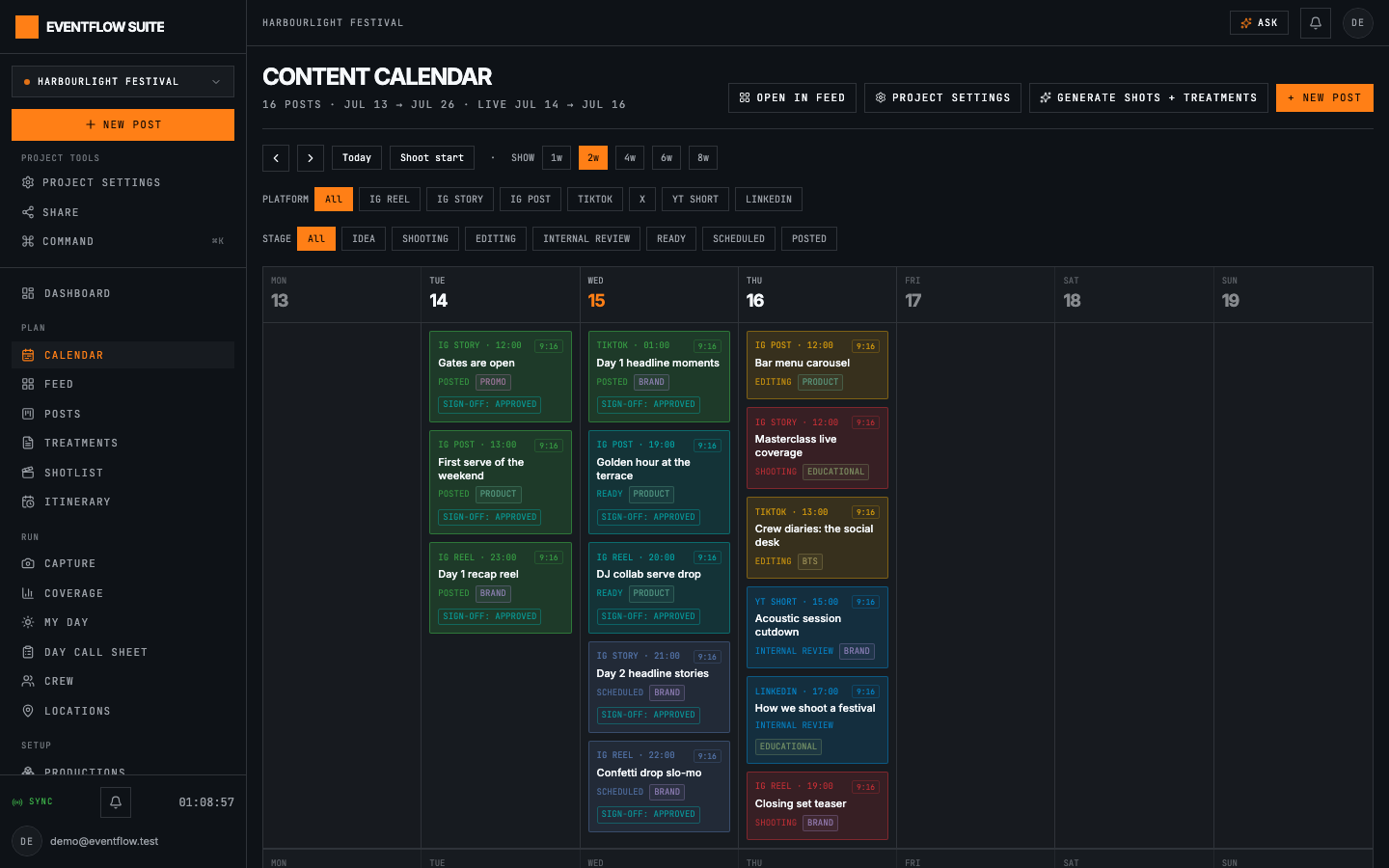 Content calendar: Drag-and-drop scheduling across the shoot window