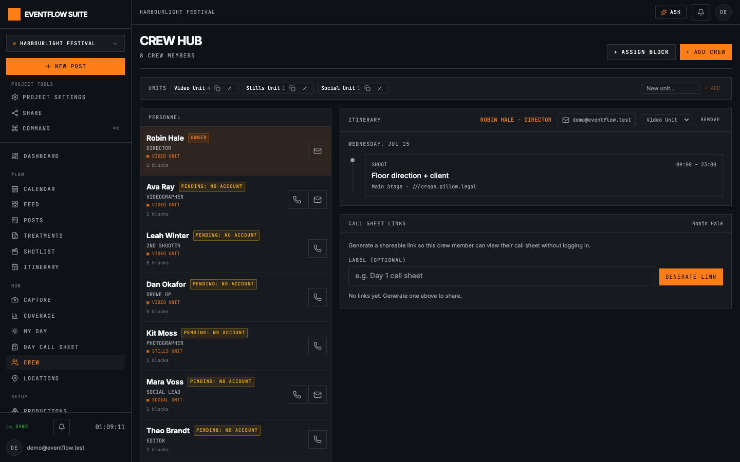 Crew hub: Units, roster and call sheets; call or email anyone in a tap