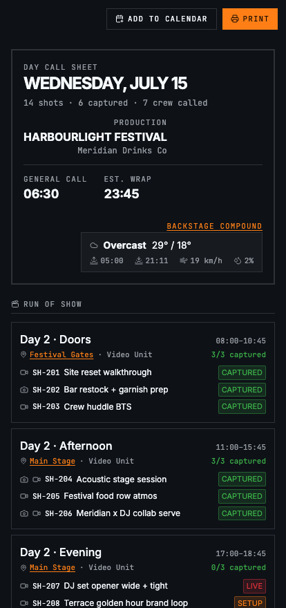 The whole-team call sheet on a phone: general call, weather, run of show and crew contacts